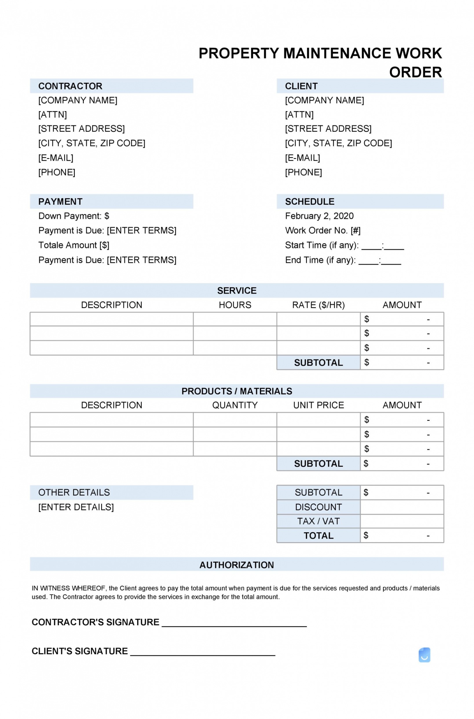 Editable Job Work Order Template Excel