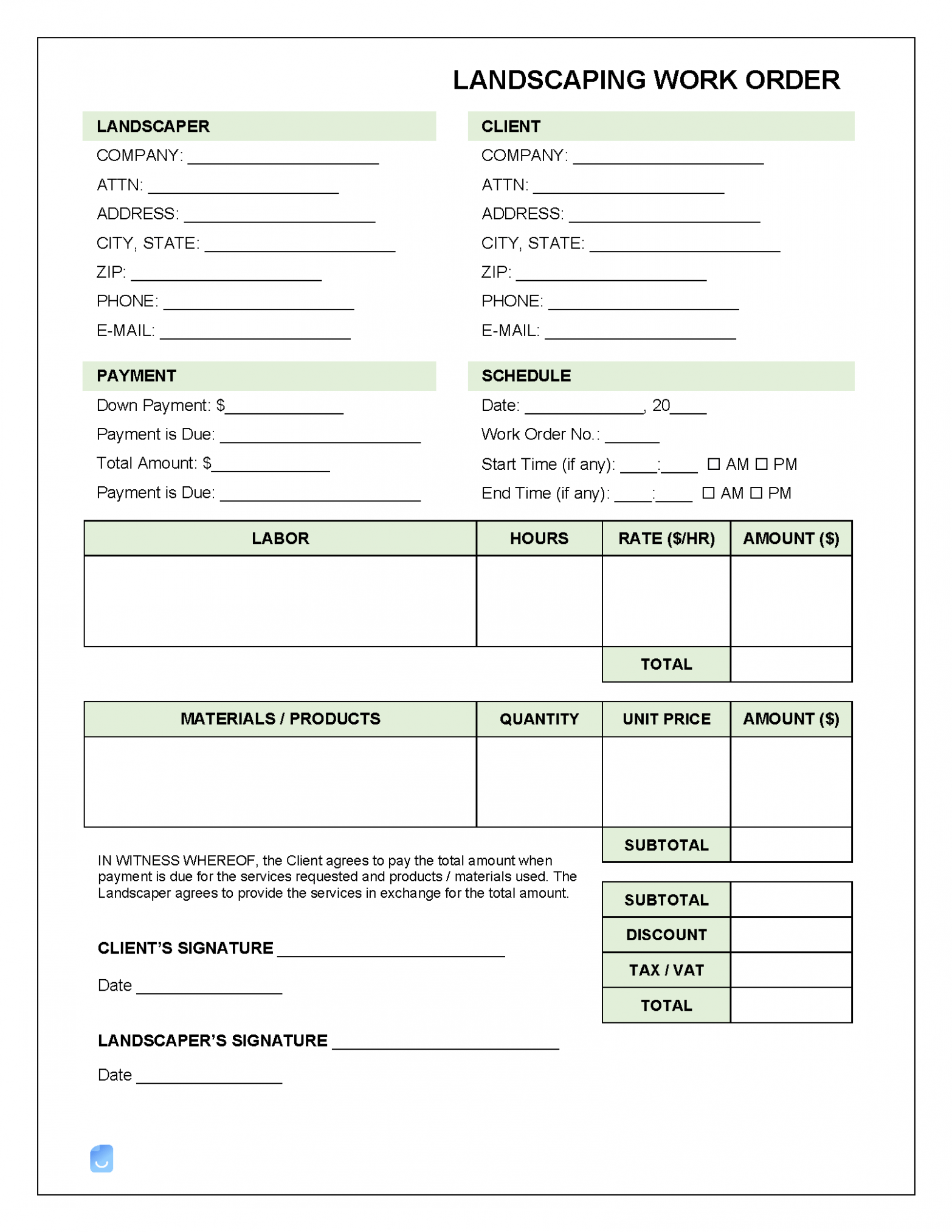 Sample Landscaping Work Order Template CSV