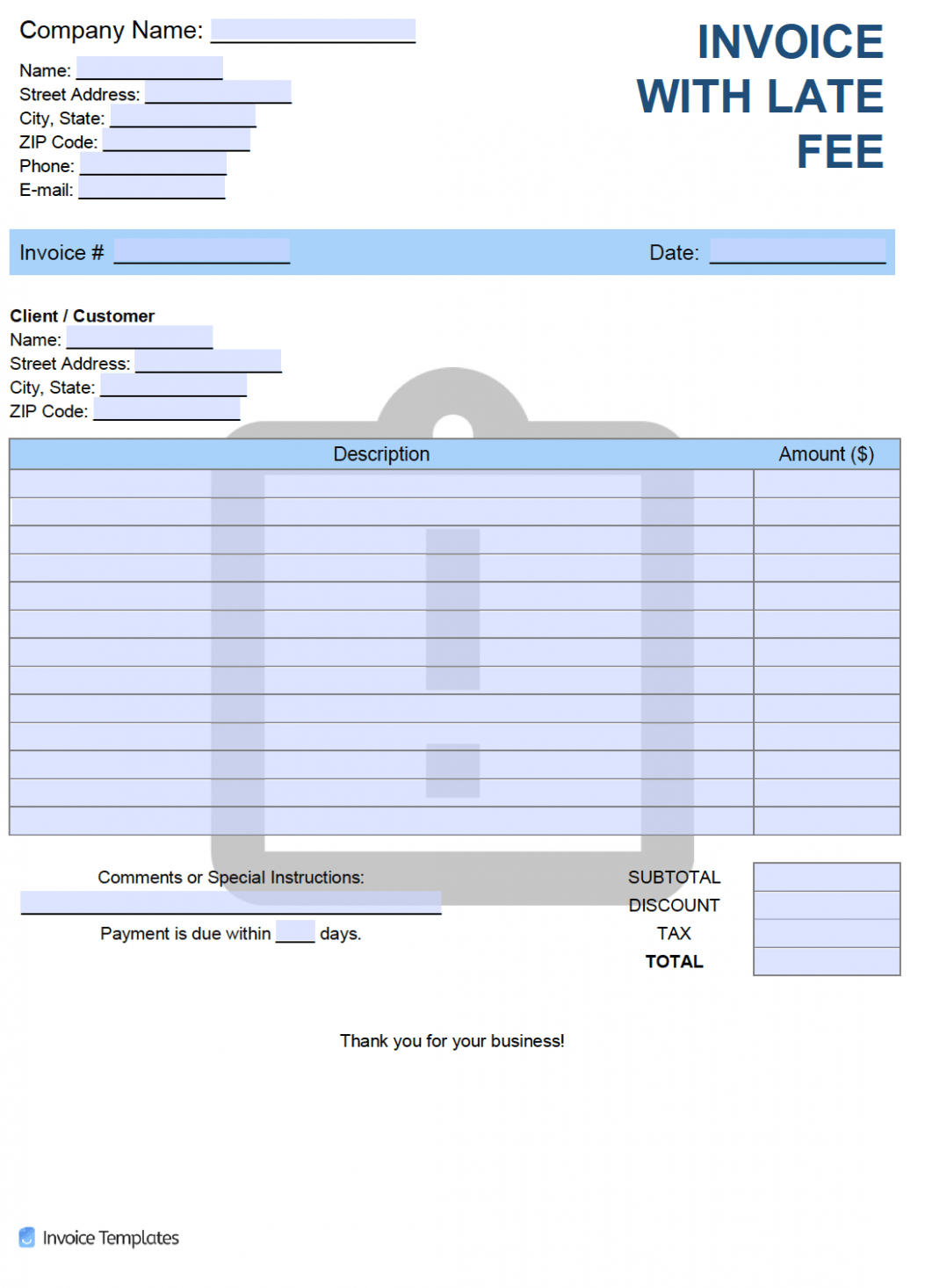 Editable Late Payment Invoice Template Excel