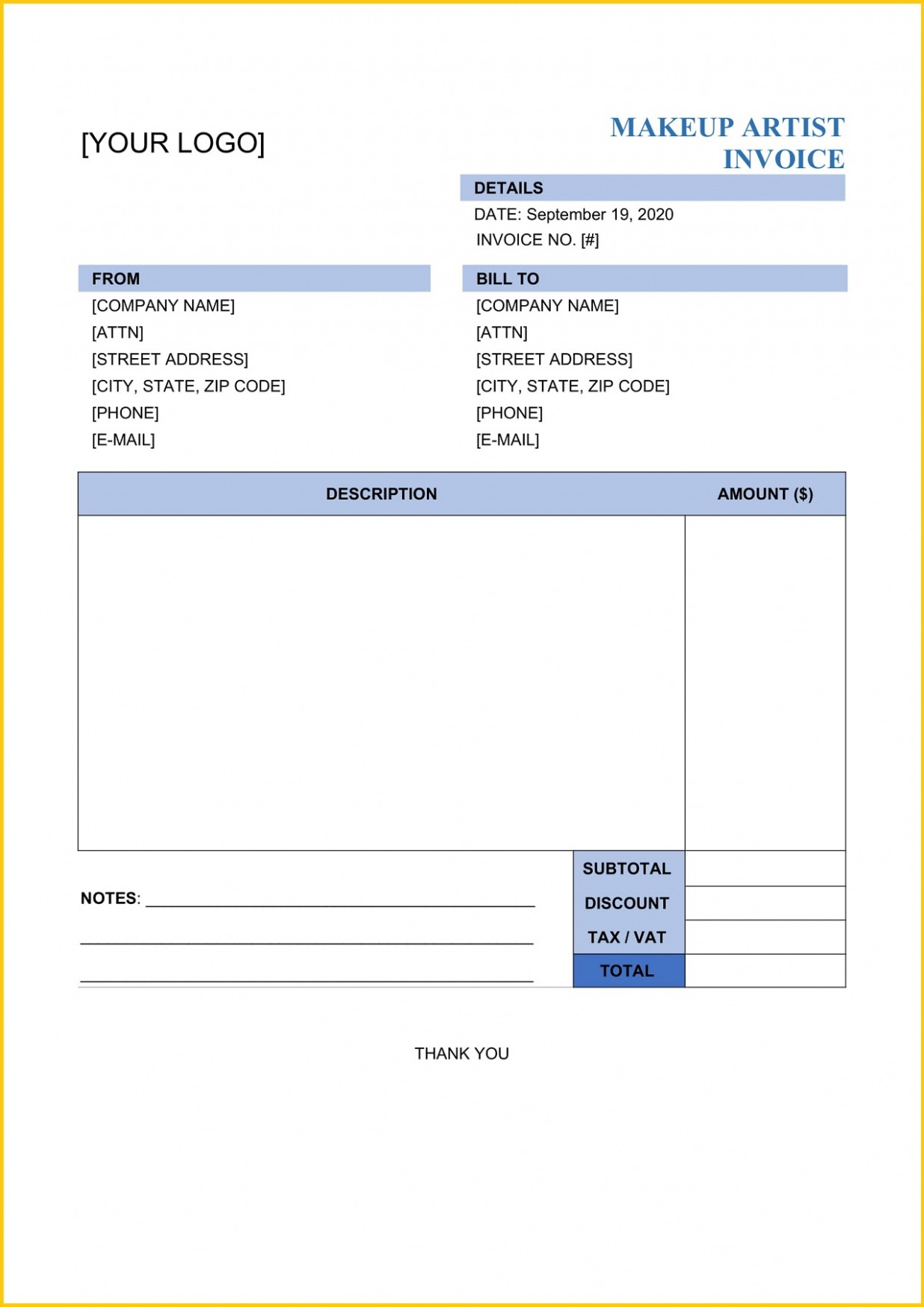 Editable Makeup Artist Invoice Template Doc