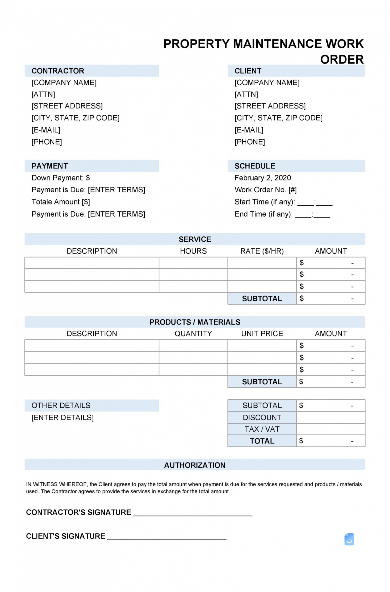 Printable Manufacturing Work Order Template PDF