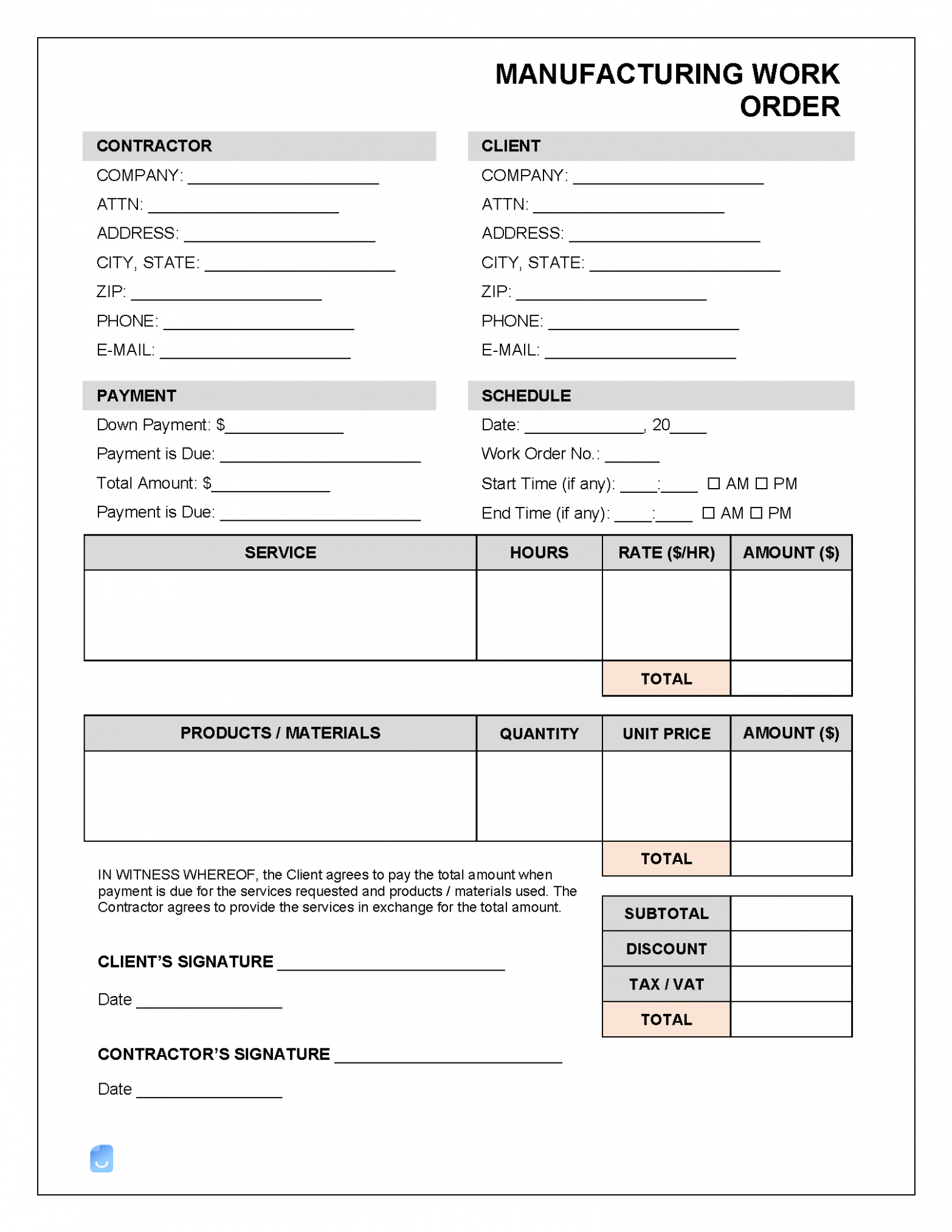 Printable Manufacturing Work Order Template Docs