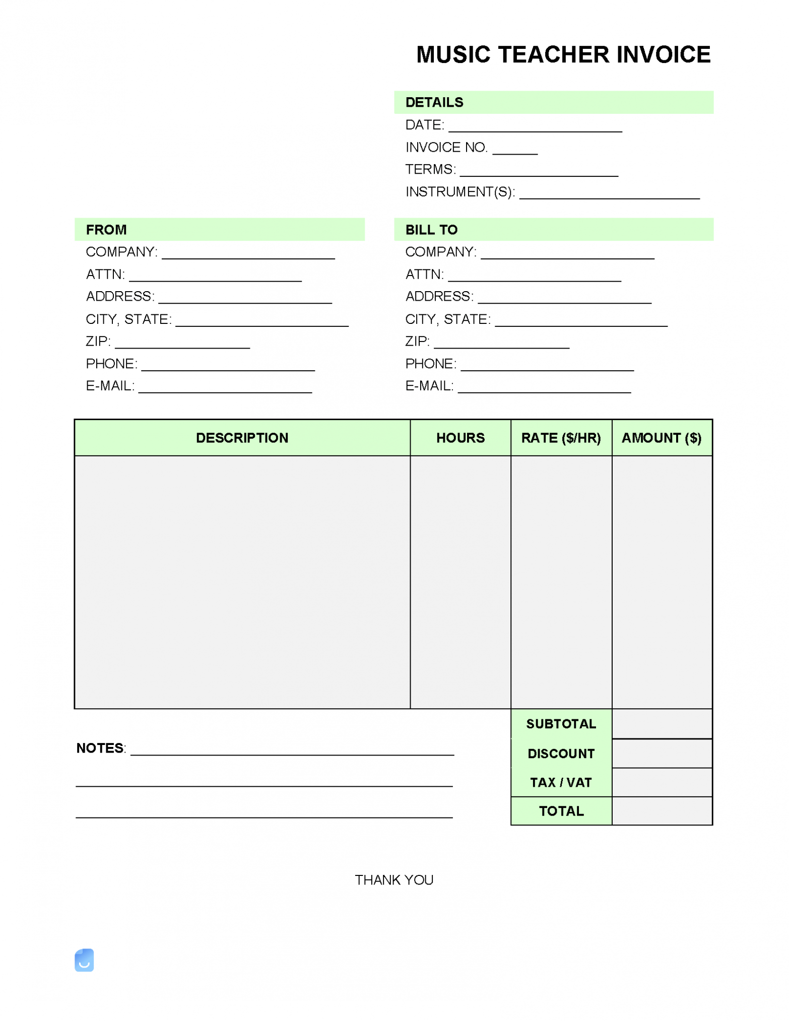 Editable Music Teacher Invoice Template PDF