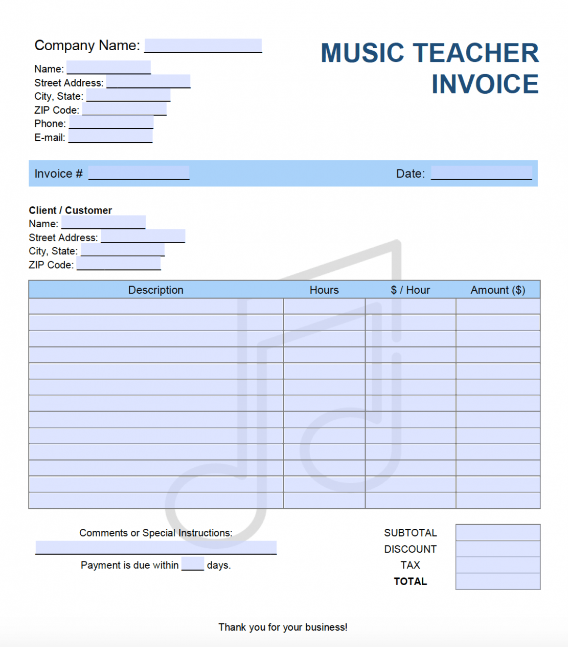 Sample Music Teacher Invoice Template Excel
