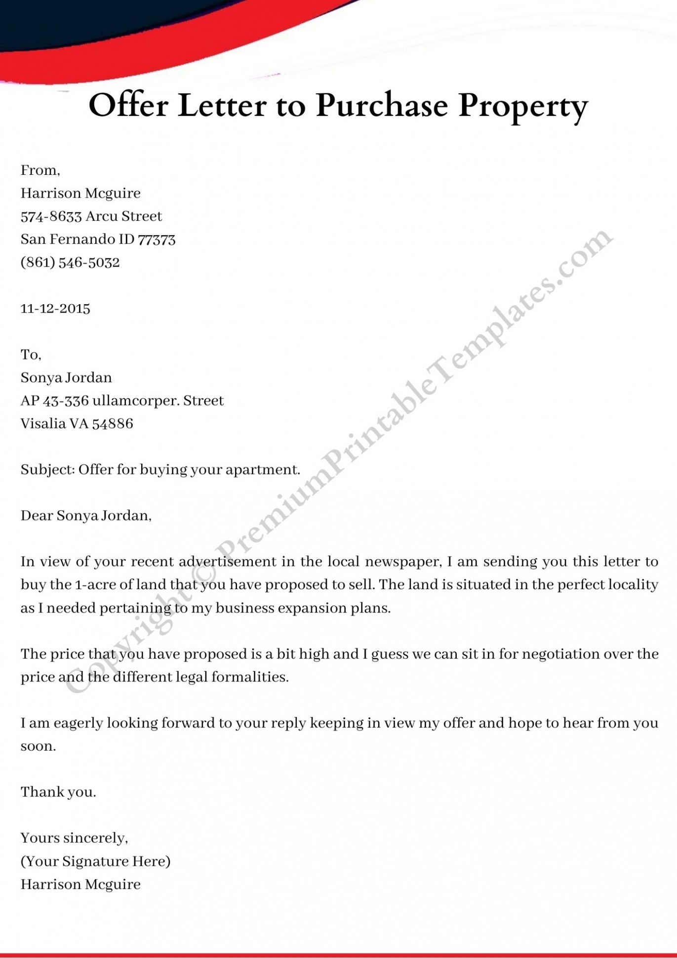 Free Offer Letter To Purchase Property Template Sample