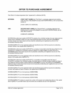 Printable Offer To Purchase Business Agreement Template PPT