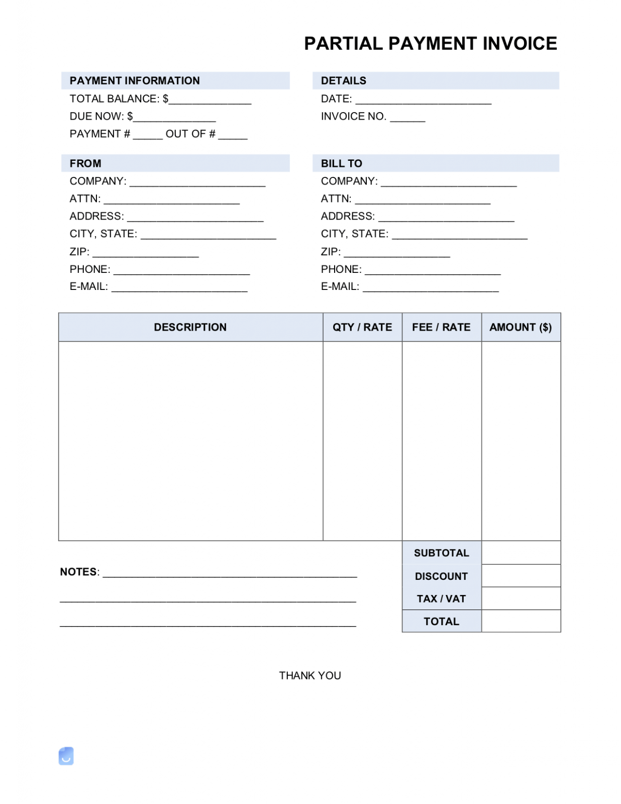 Printable Partial Payment Invoice Template Sample