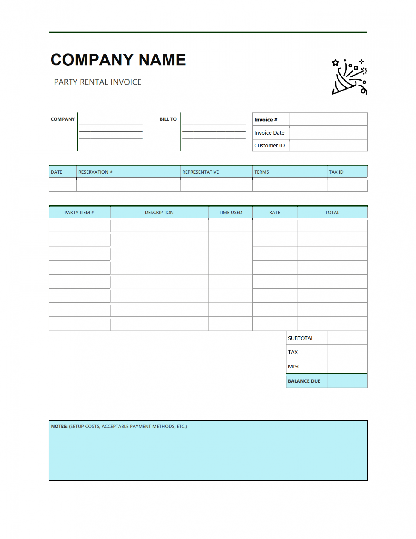 Printable Party Rental Invoice Template Word