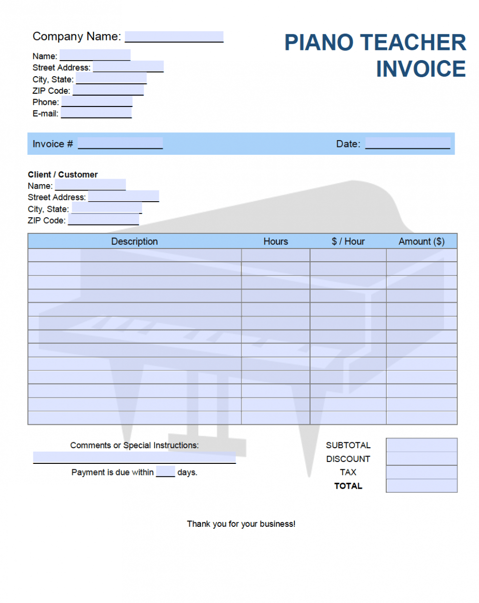 Printable Piano Lesson Invoice Template Excel