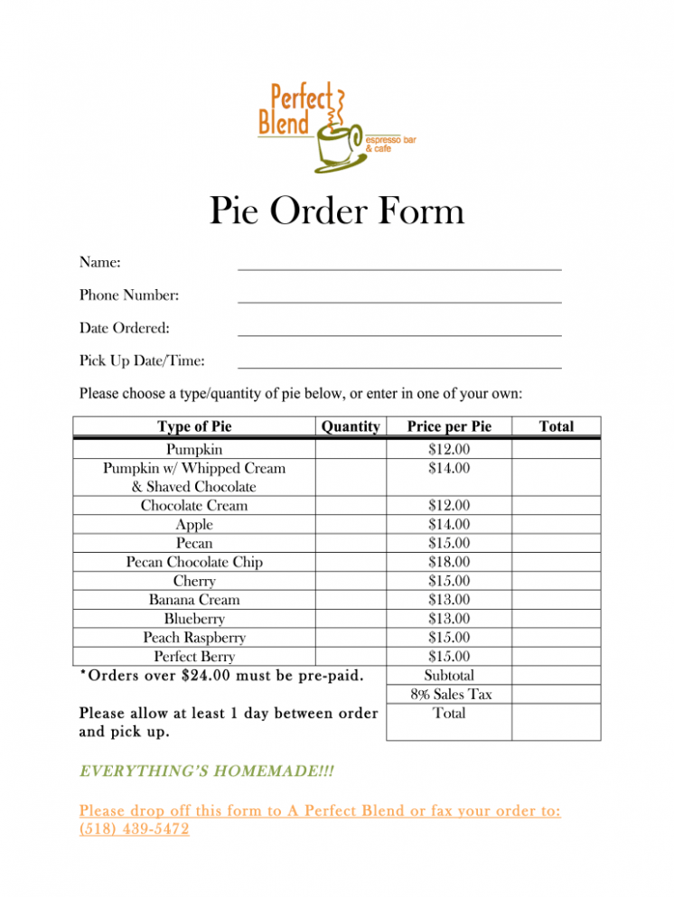 Editable Pie Order Form Template Excel