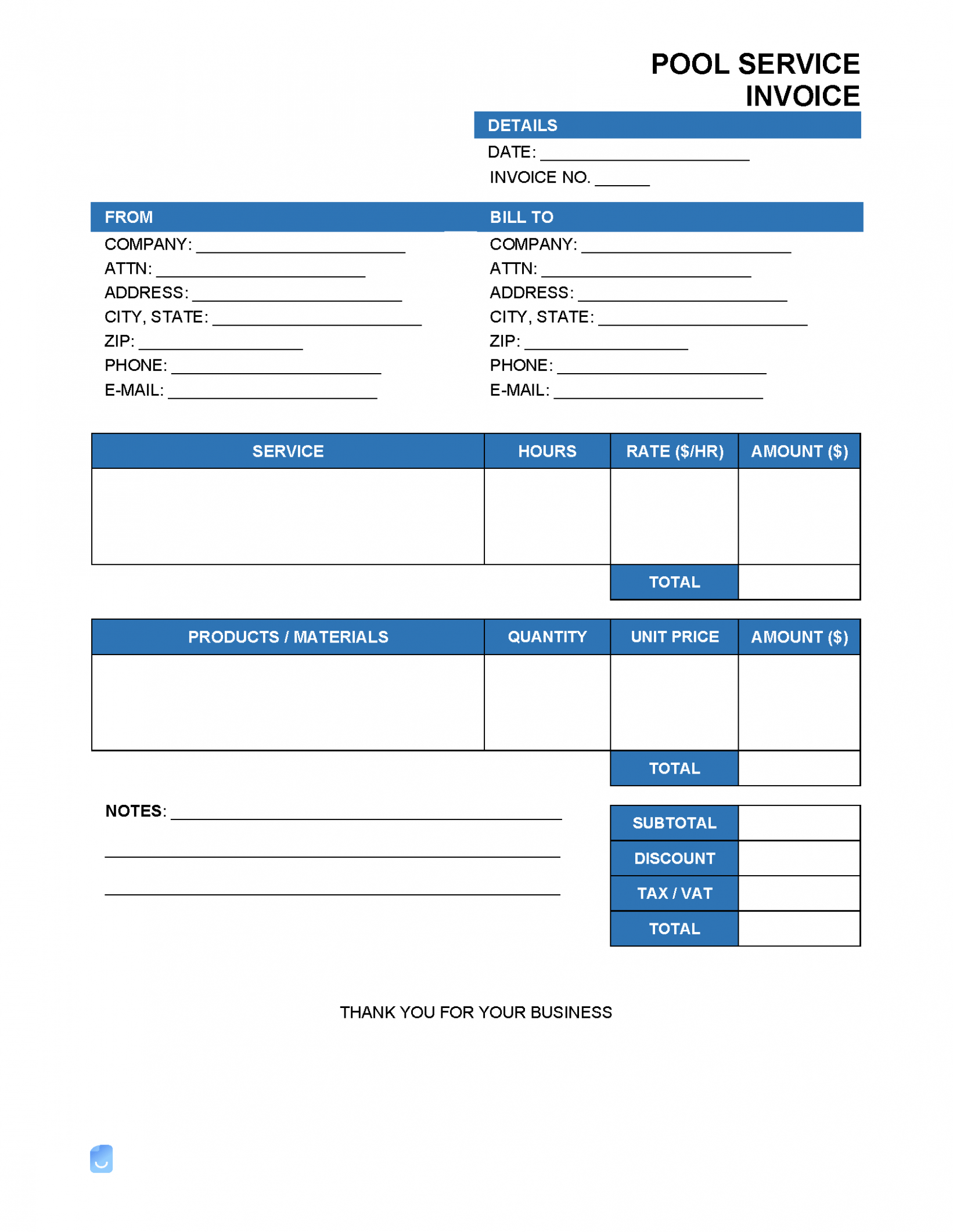 Sample Pool Service Invoice Template Excel