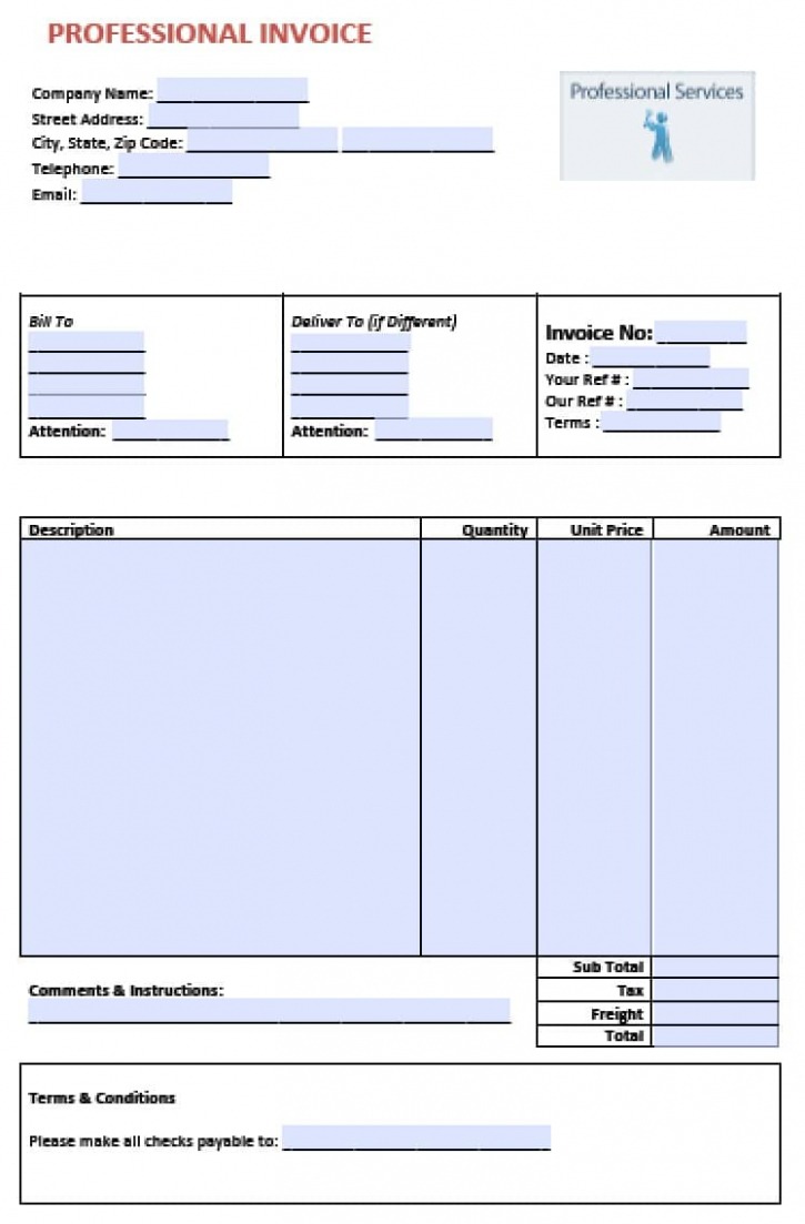 Editable Professional Services Invoice Template Excel