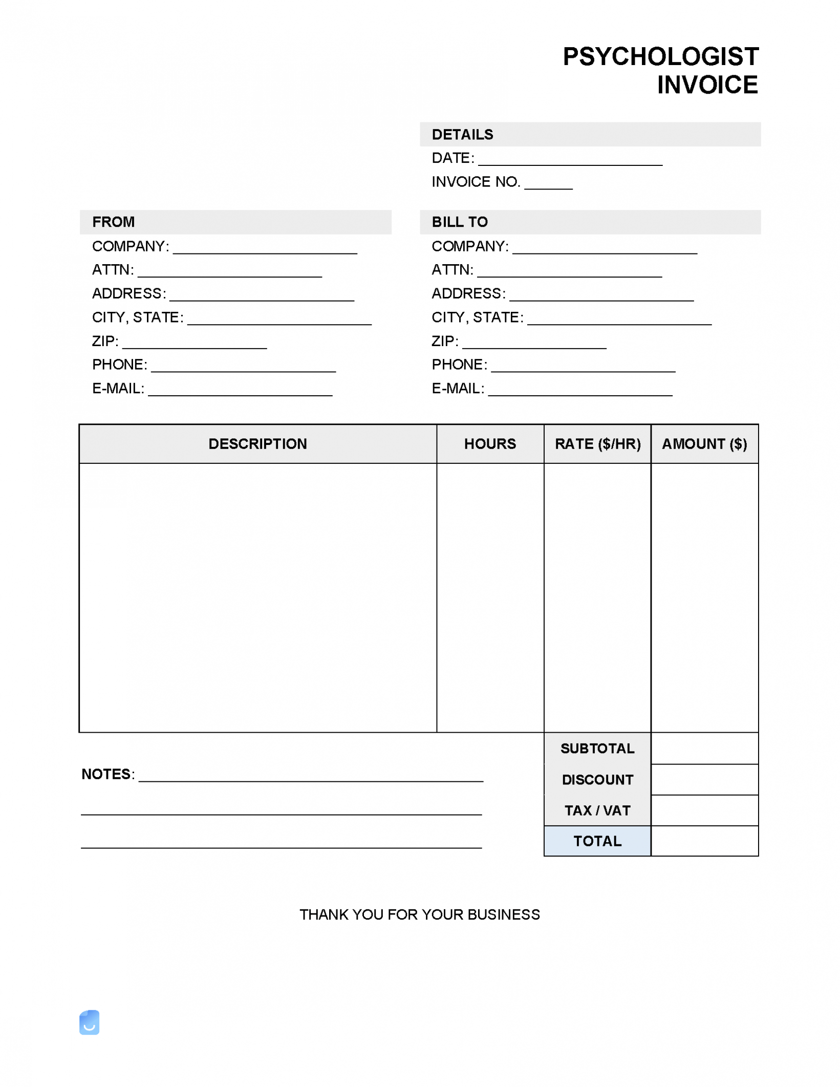 Sample Psychologist Invoice Template Word