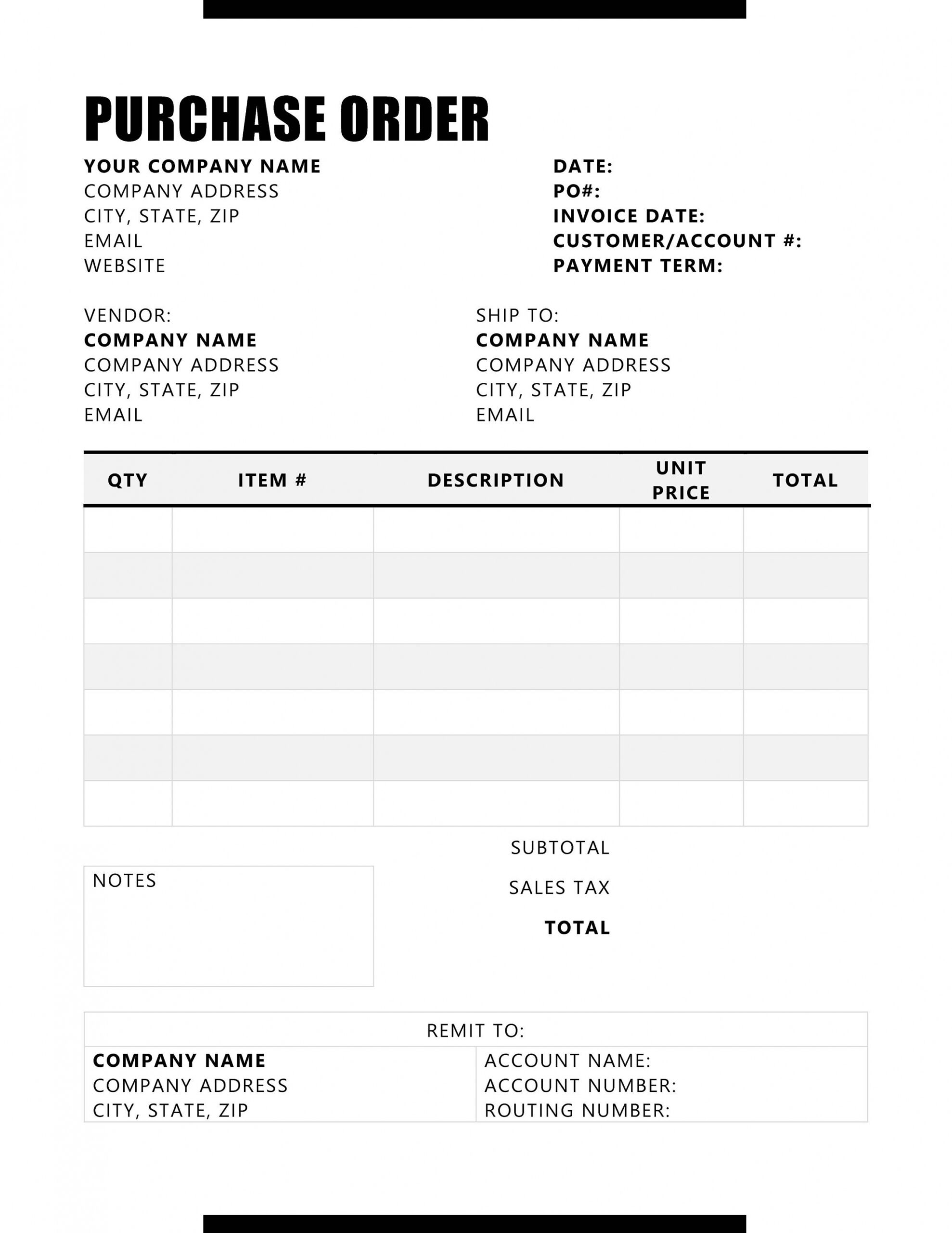 Printable Purchase Order Invoice Template CSV