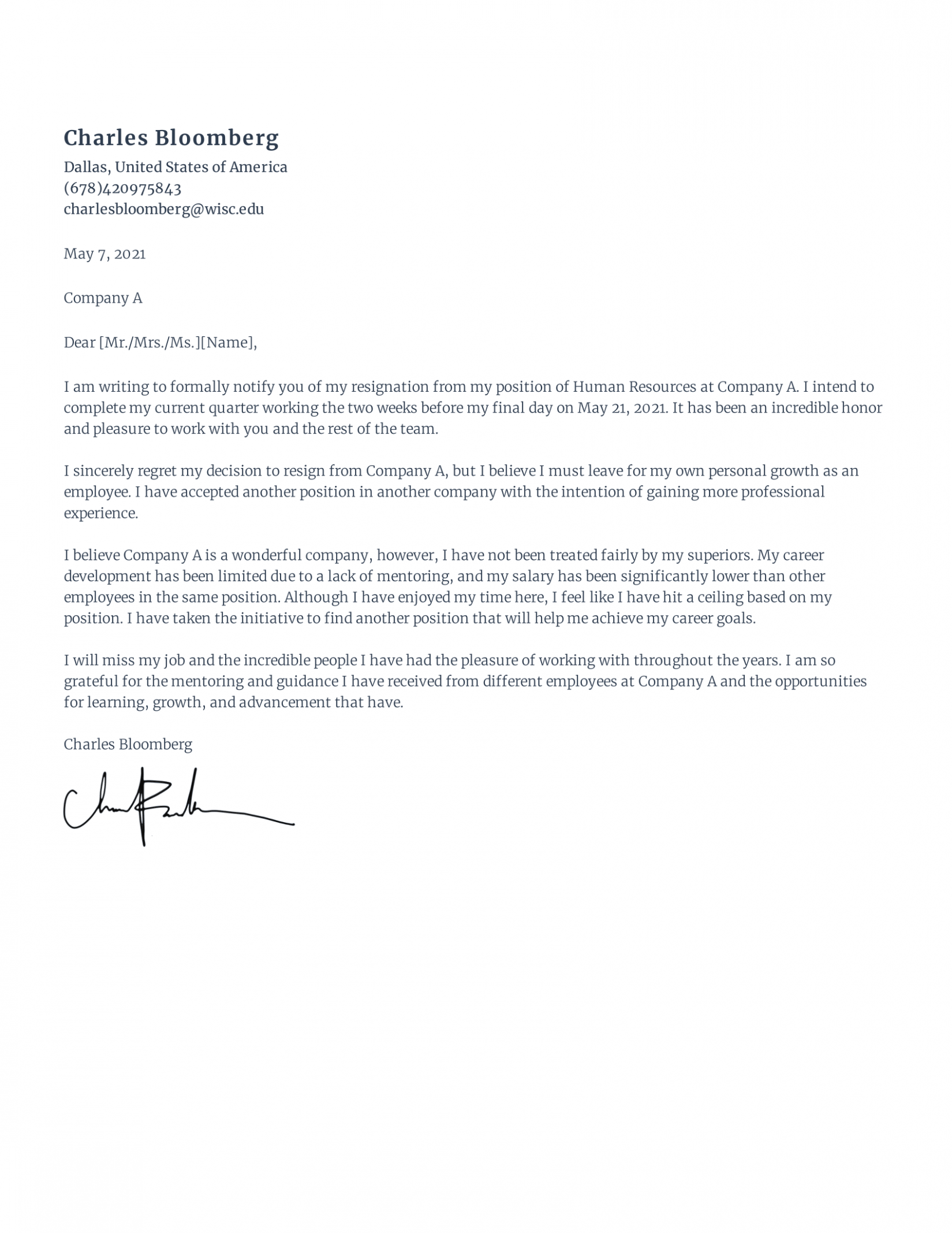 Printable Resignation Letter Due To Unfair Treatment Word