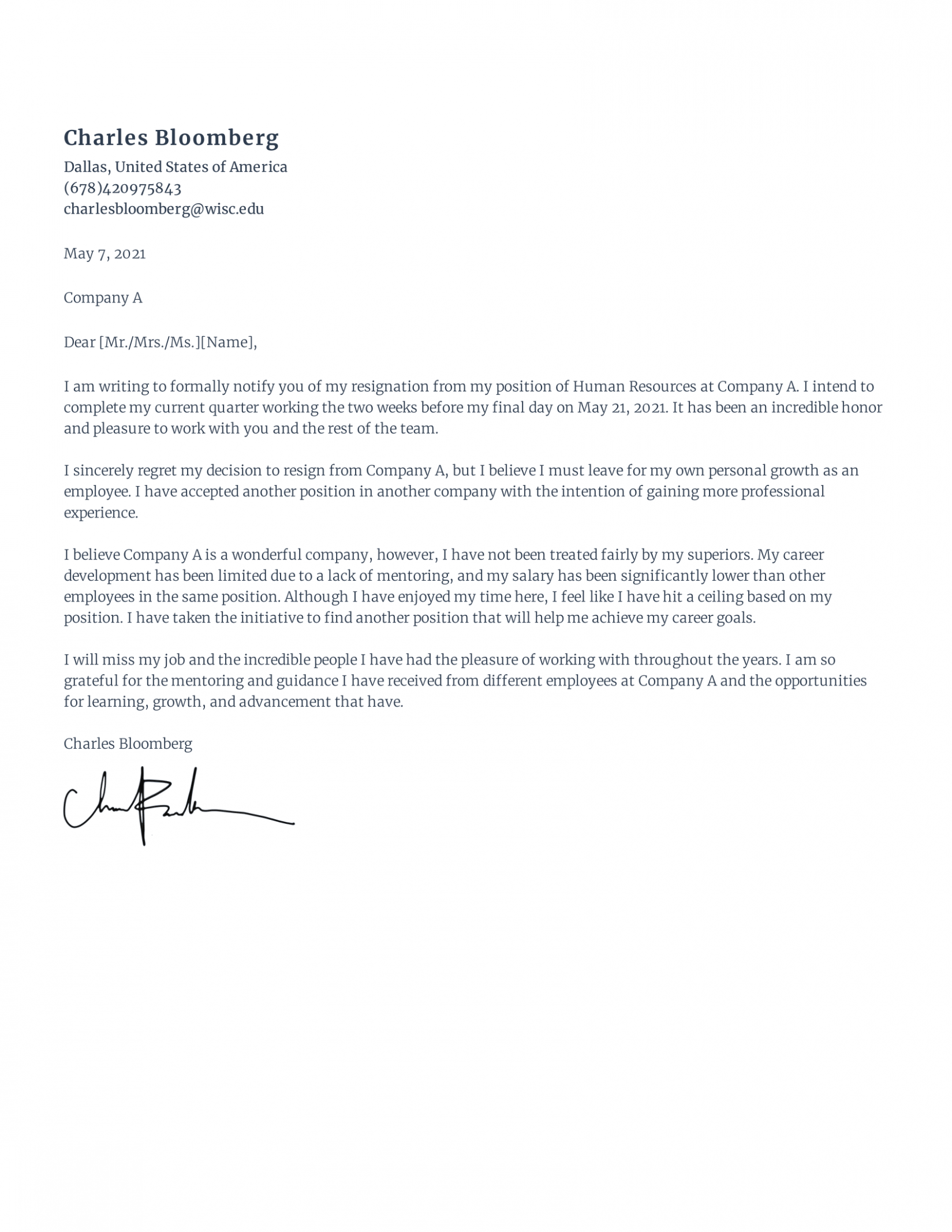 Resignation Letter Due To Unfair Treatment