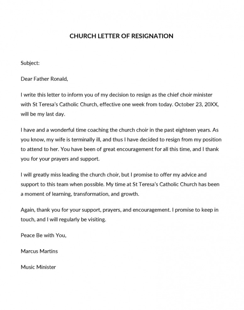 Printable Resignation Letter From Church Board Word