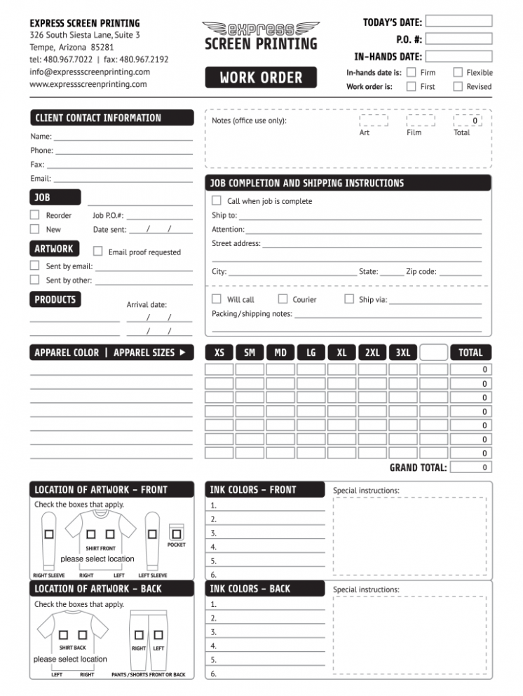 Editable Screen Printing Work Order Template Docs