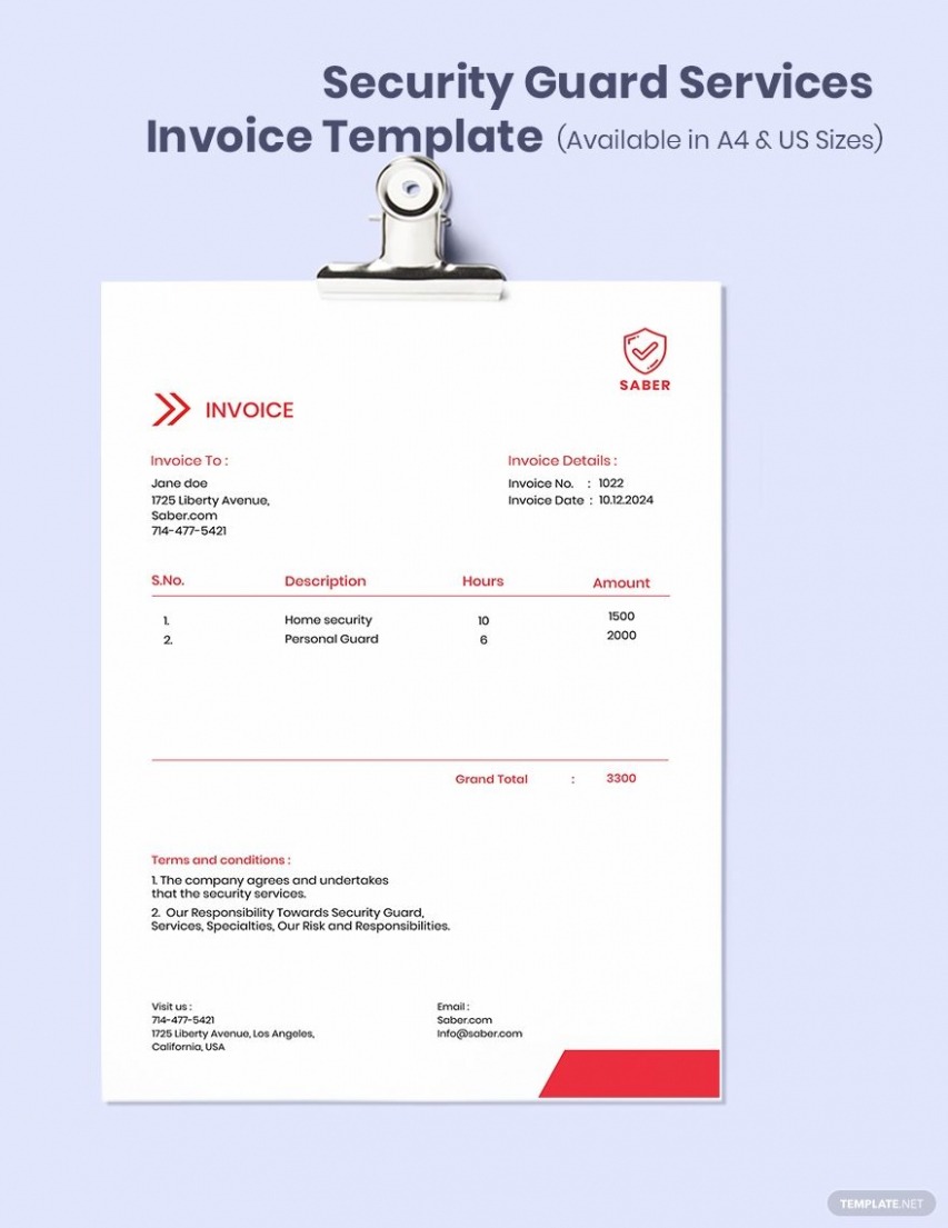 Editable Security Guard Services Invoice Template Excel