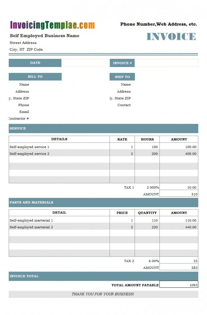 Sample Self Employed Billing Invoice Template PDF