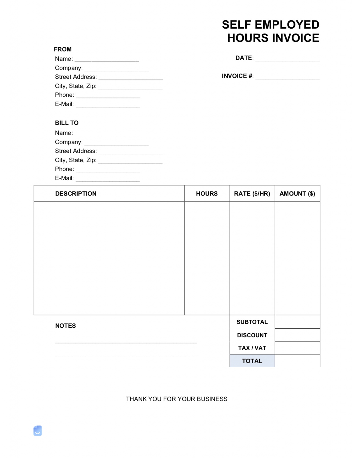 Editable Self Employed Billing Invoice Template Excel