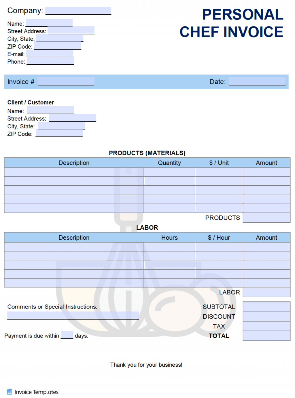 Printable Self Employed Chef Invoice Template PDF
