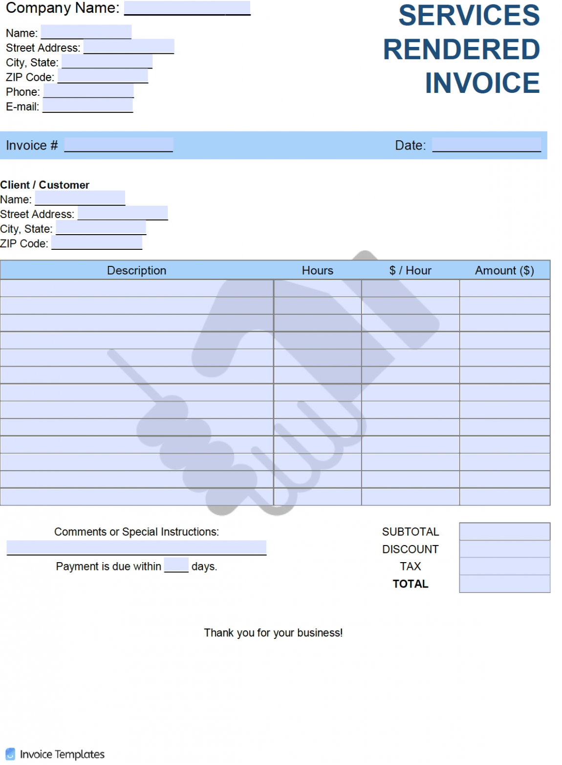 Sample Services Rendered Invoice Template 