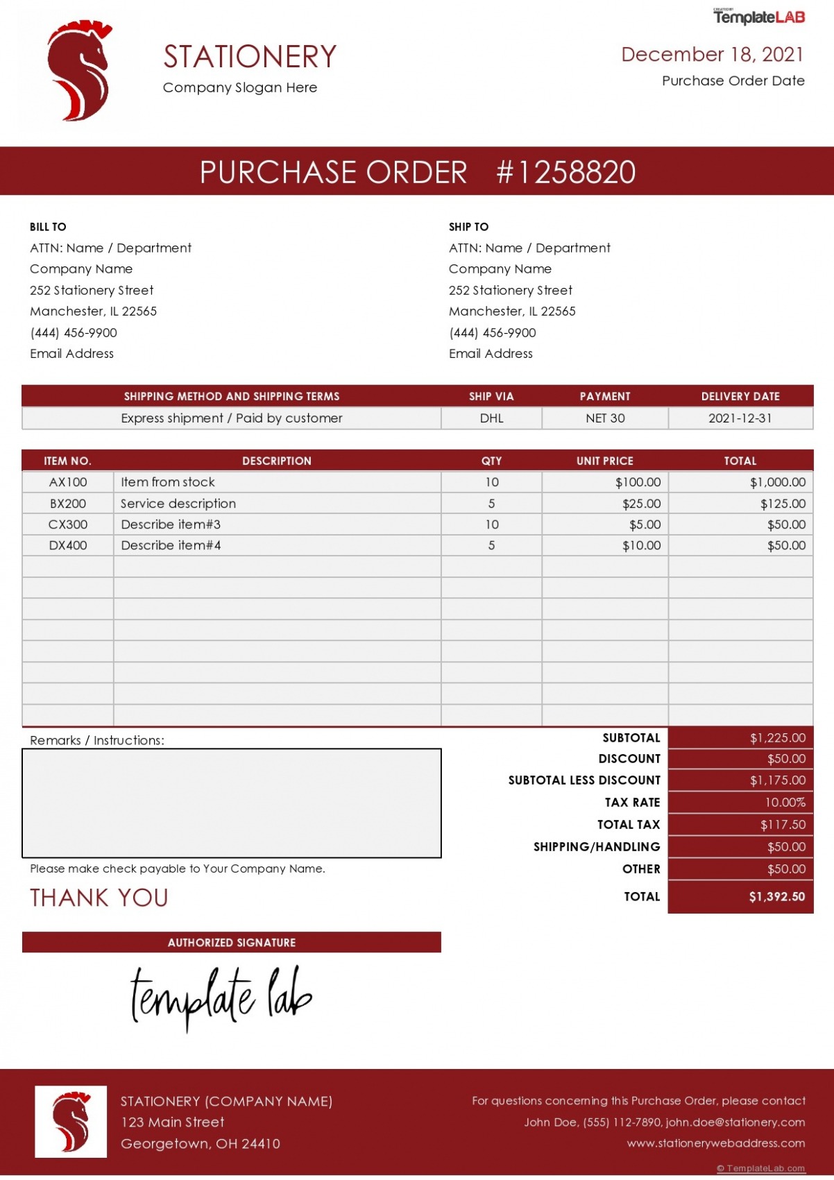 Editable Stationery Purchase Order Template PDF