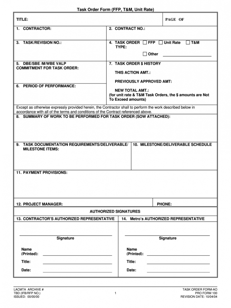 Editable Task Order Template Excel