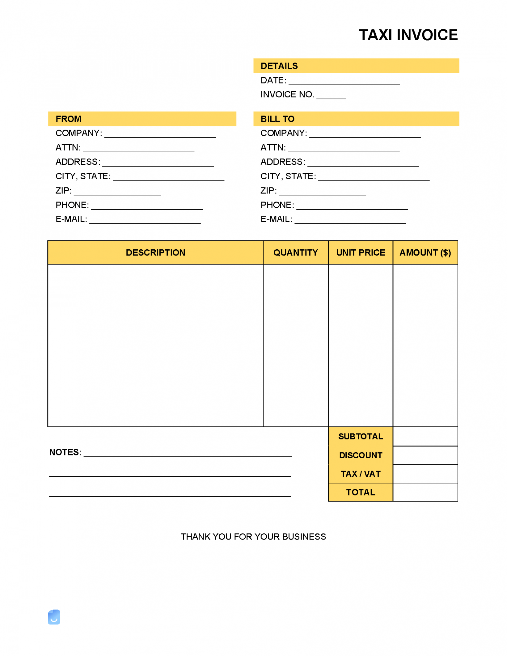 Editable Taxi Service Invoice Template Word