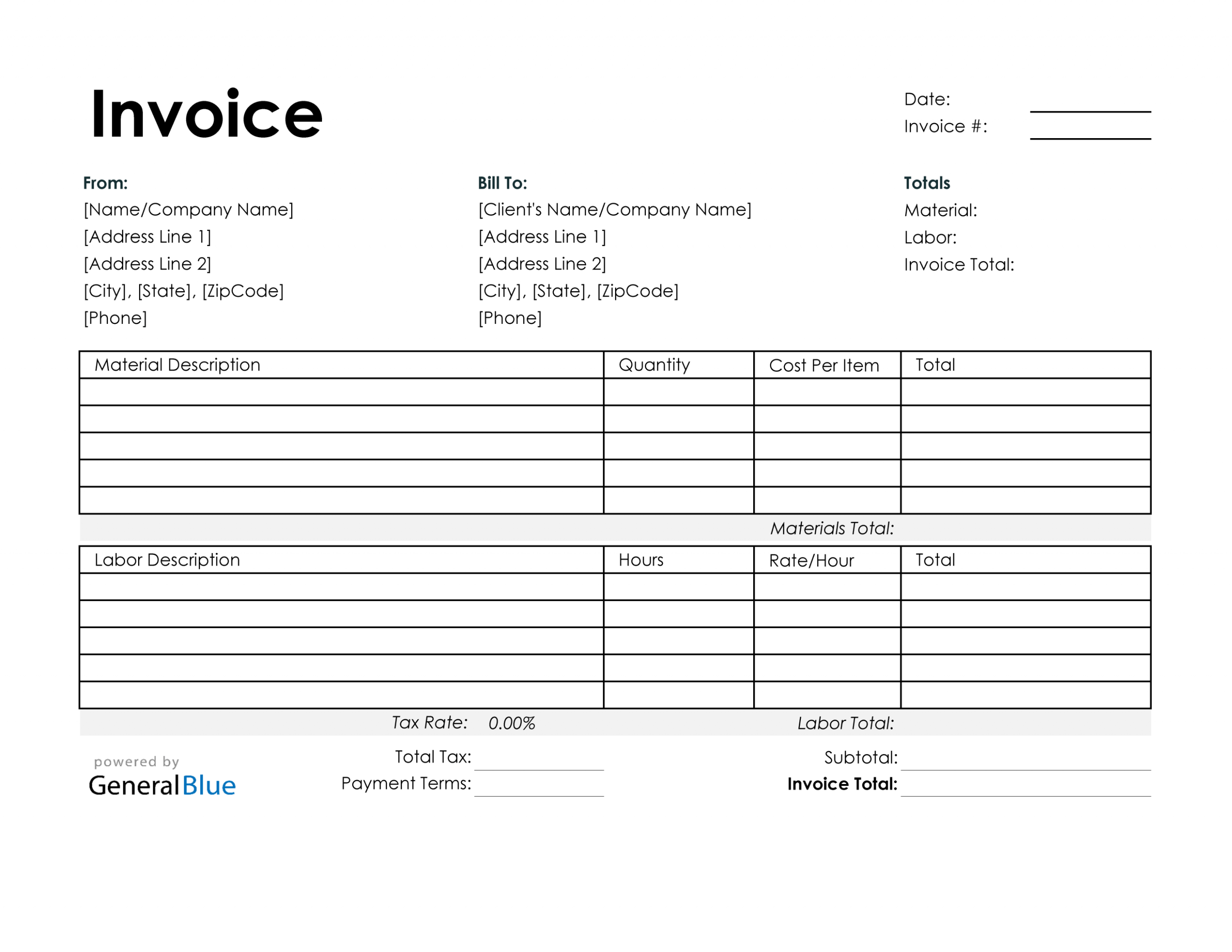 Editable Time And Material Invoice Template Doc