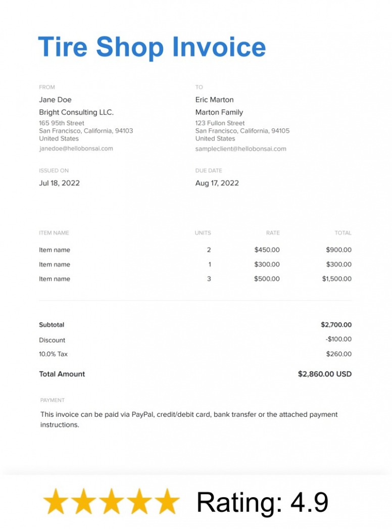 Sample Tire Shop Invoice Template 