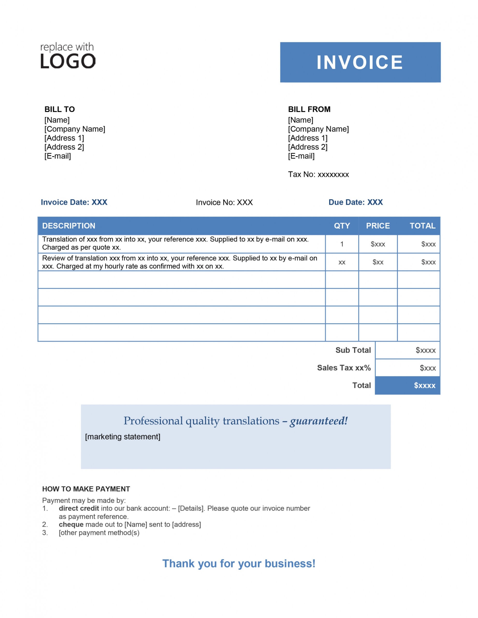 Editable Translation Service Invoice Template Excel