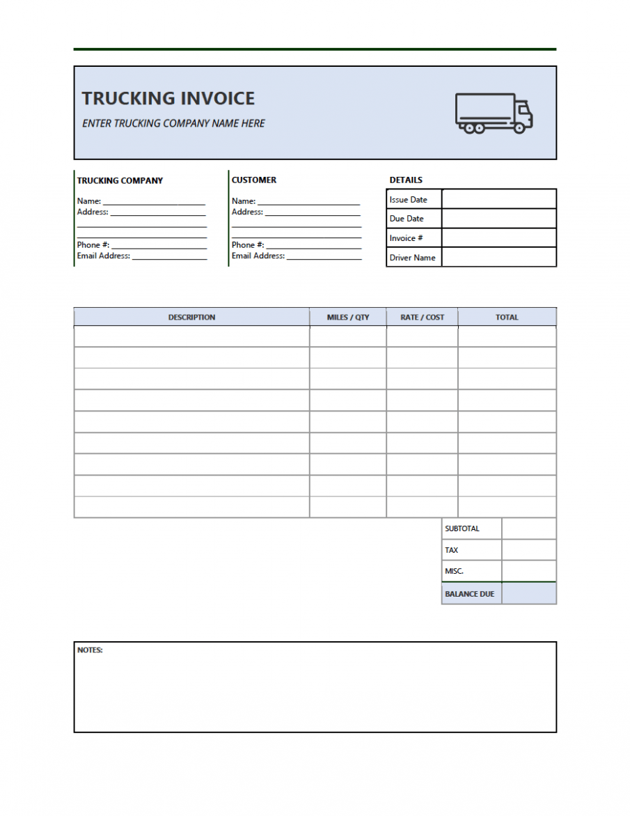 Editable Trucking Company Invoice Template Excel
