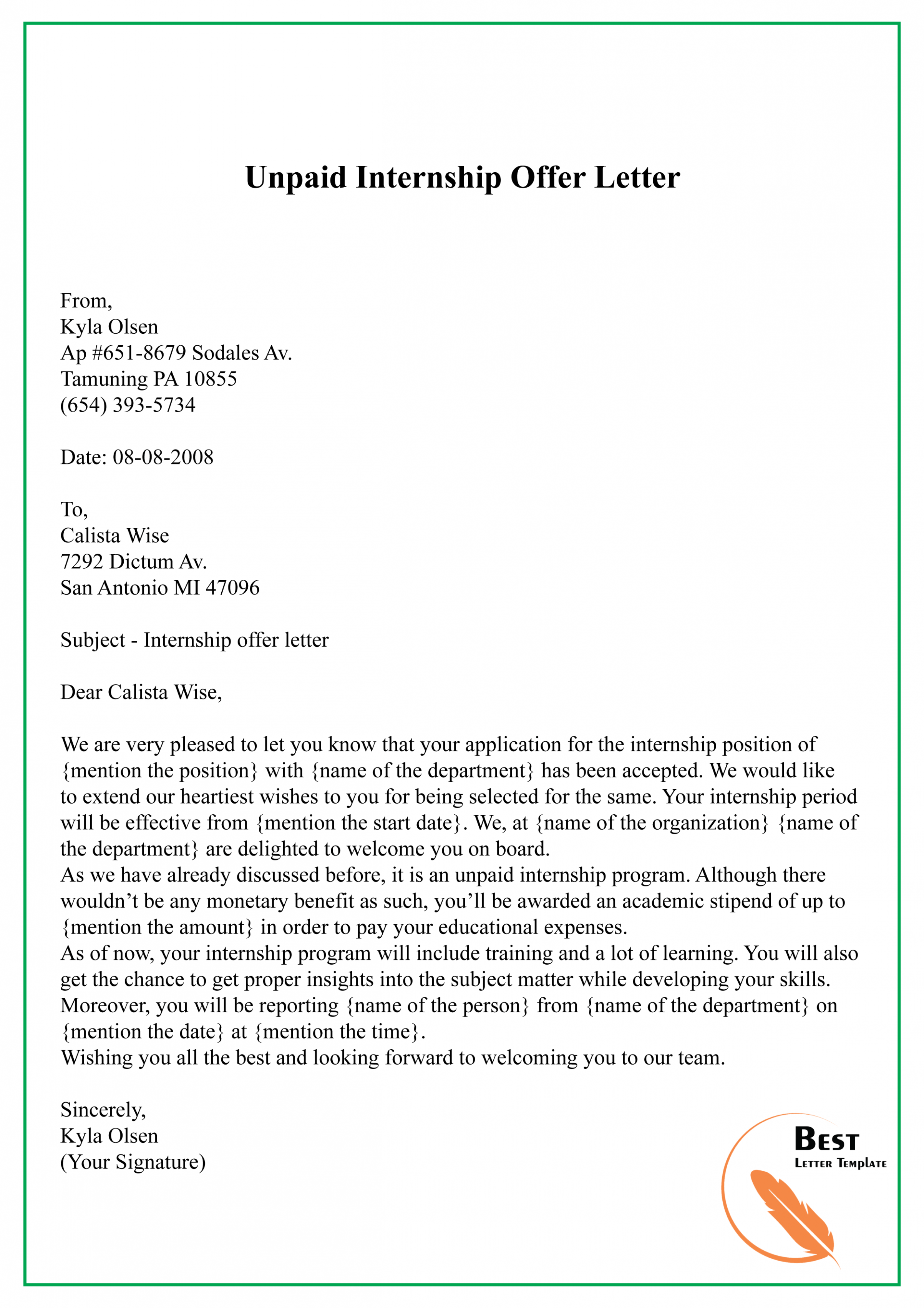 Printable Unpaid Internship Offer Letter Template Doc