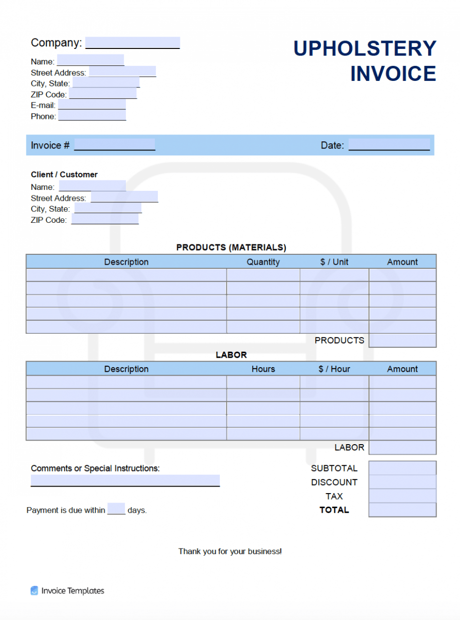 Sample Upholstery Invoice Template PDF
