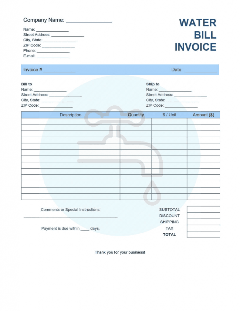 Sample Water Bill Invoice Template Excel