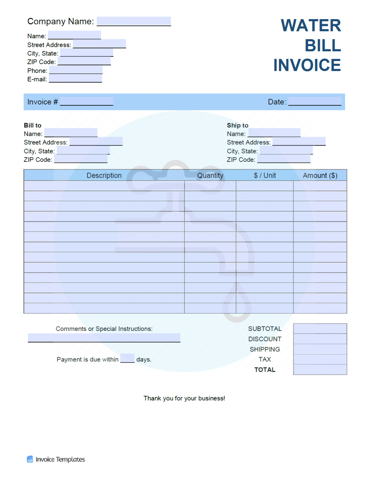 Printable Water Bill Invoice Template PDF