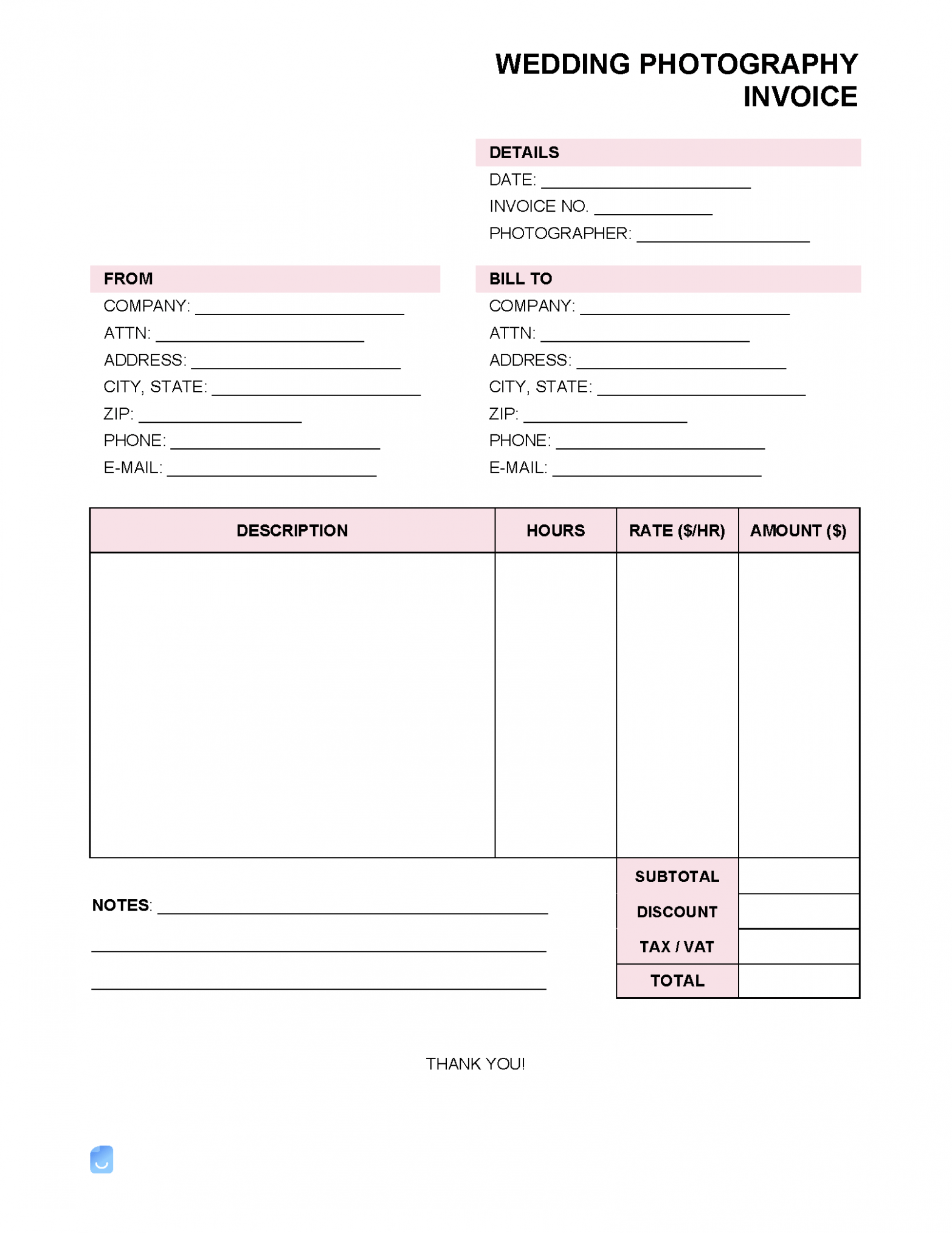 Editable Wedding Pography Invoice Template PDF