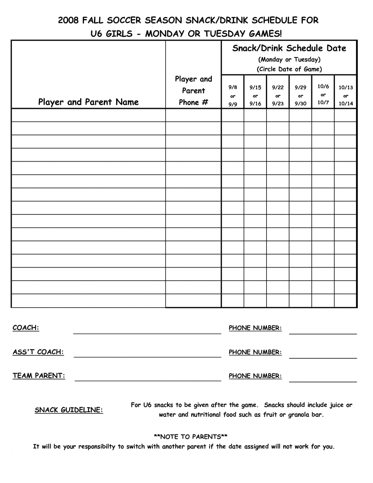 Printable Youth Sports Snack Schedule Template Word