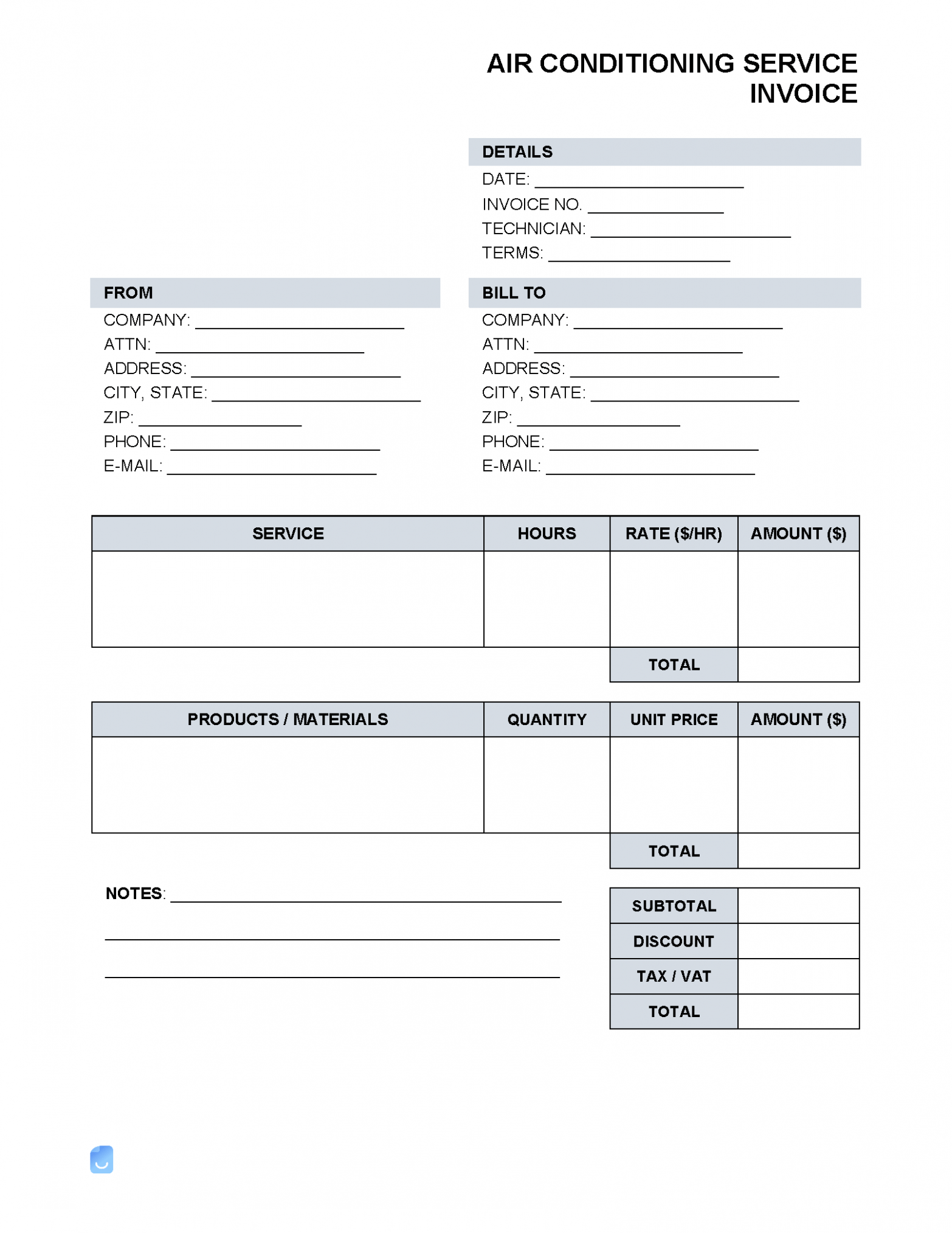 Editable Air Conditioning Service Invoice Template Word