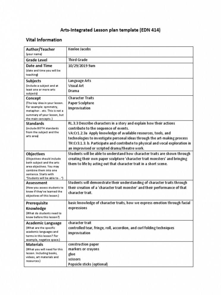 Editable Arts Integration Lesson Plan Template CSV