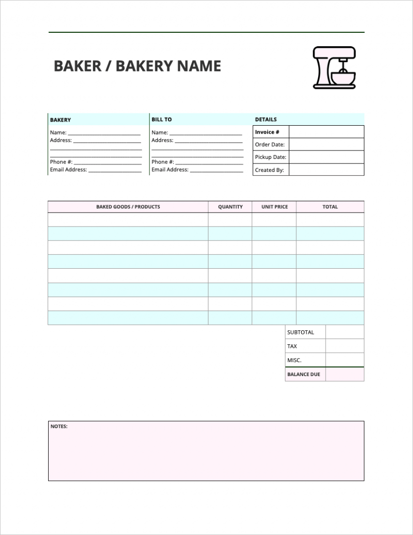 Sample Bakery Invoice Template 
