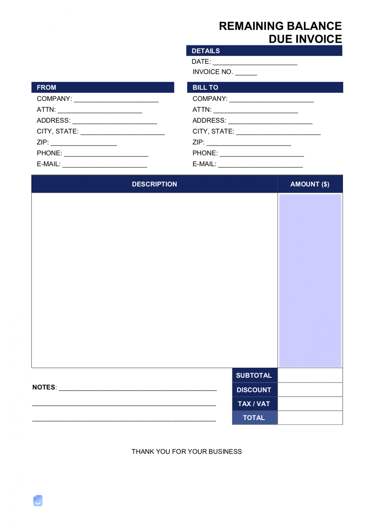 Editable Balance Due Invoice Template Sample