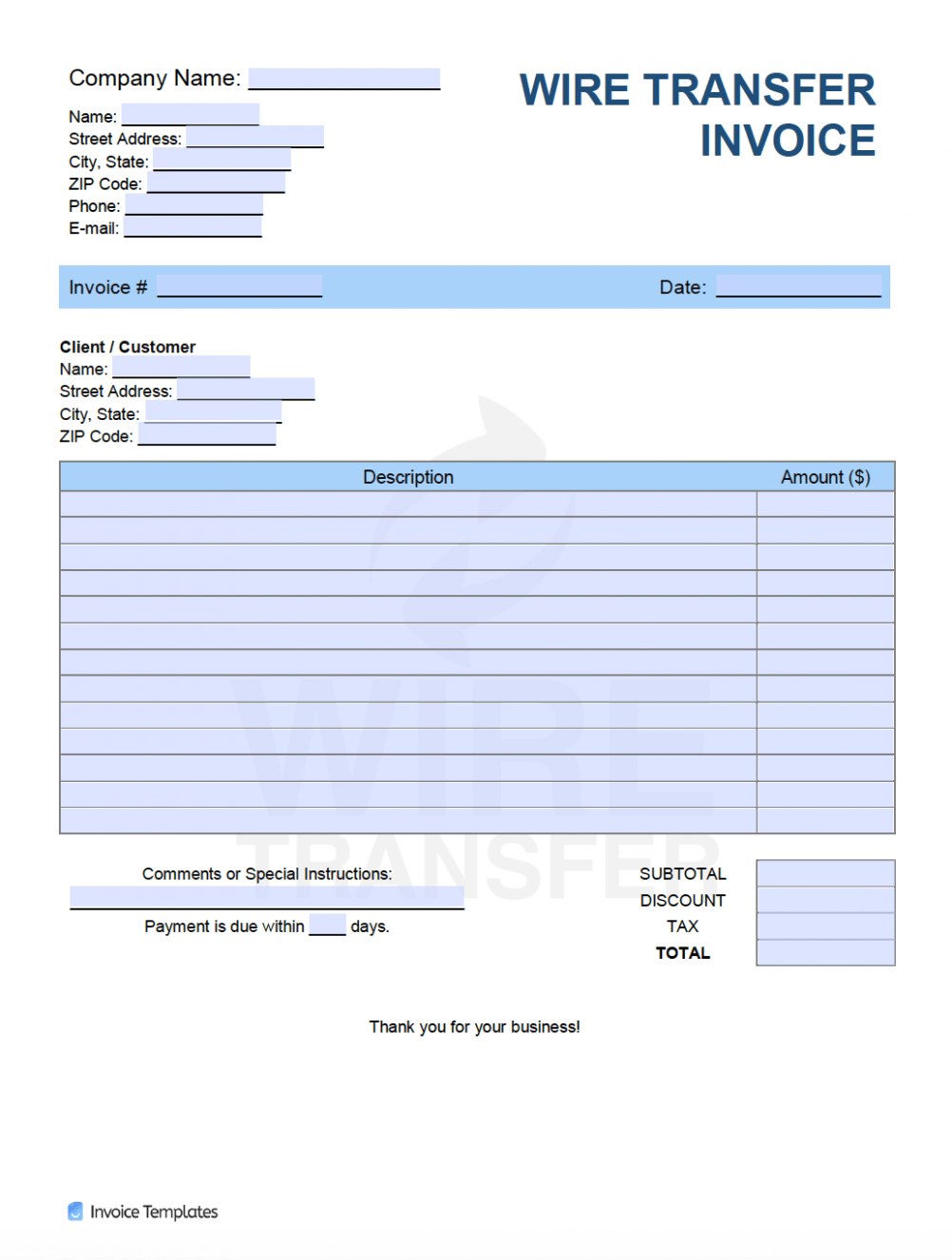 Sample Bank Transfer Invoice Template Excel