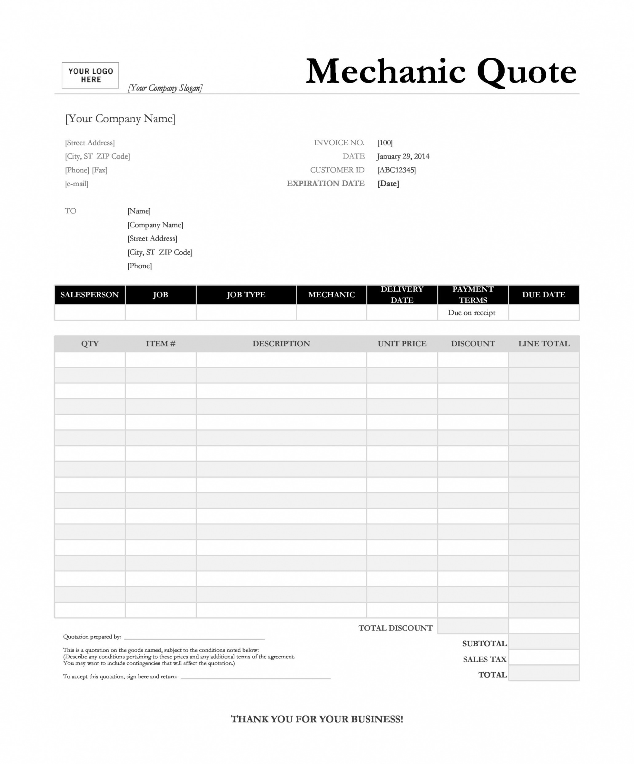 Editable Blank Auto Repair Invoice Template Doc