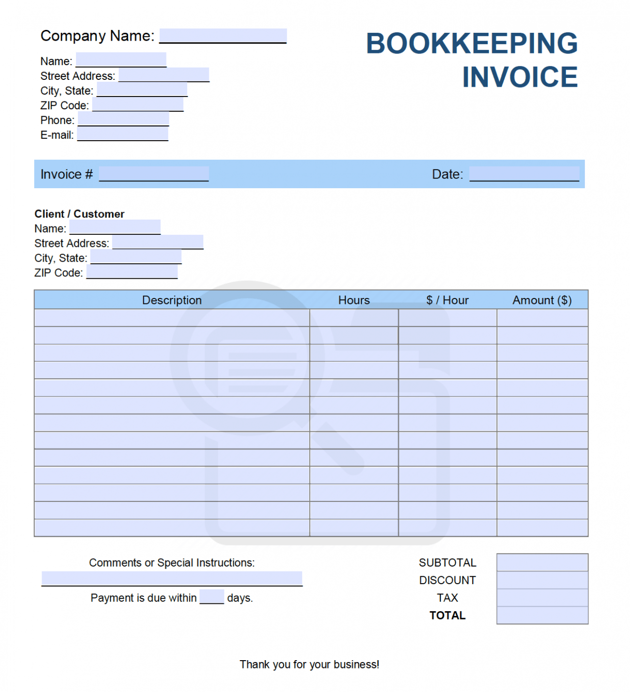 Printable Bookkeeper Invoice Template PPT