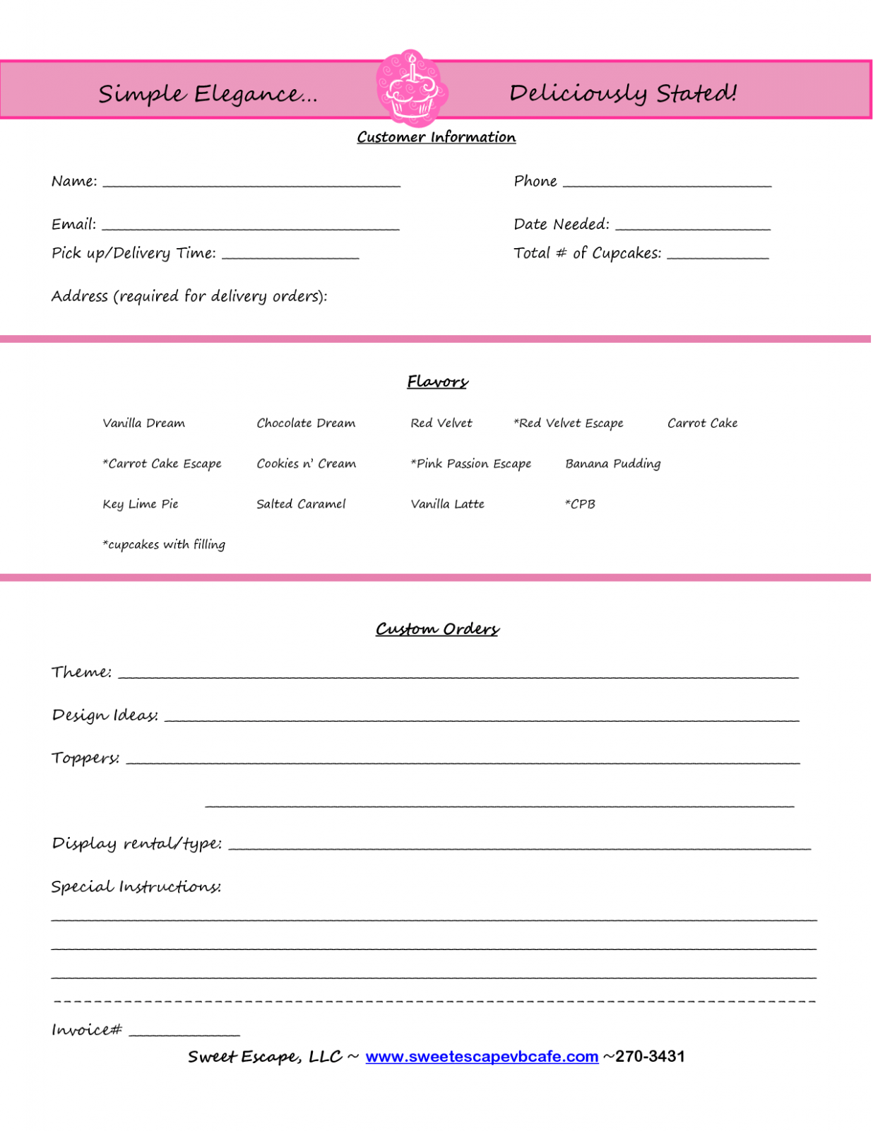 Printable Cake Order Invoice Template Doc