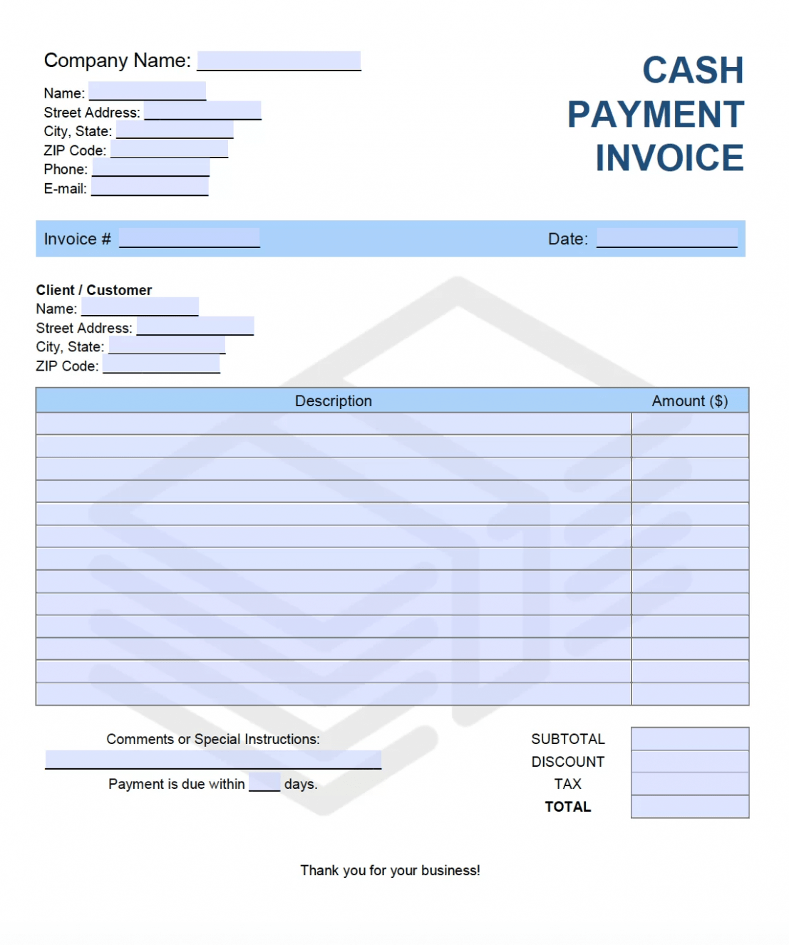 Sample Cash Receipt Invoice Template Word