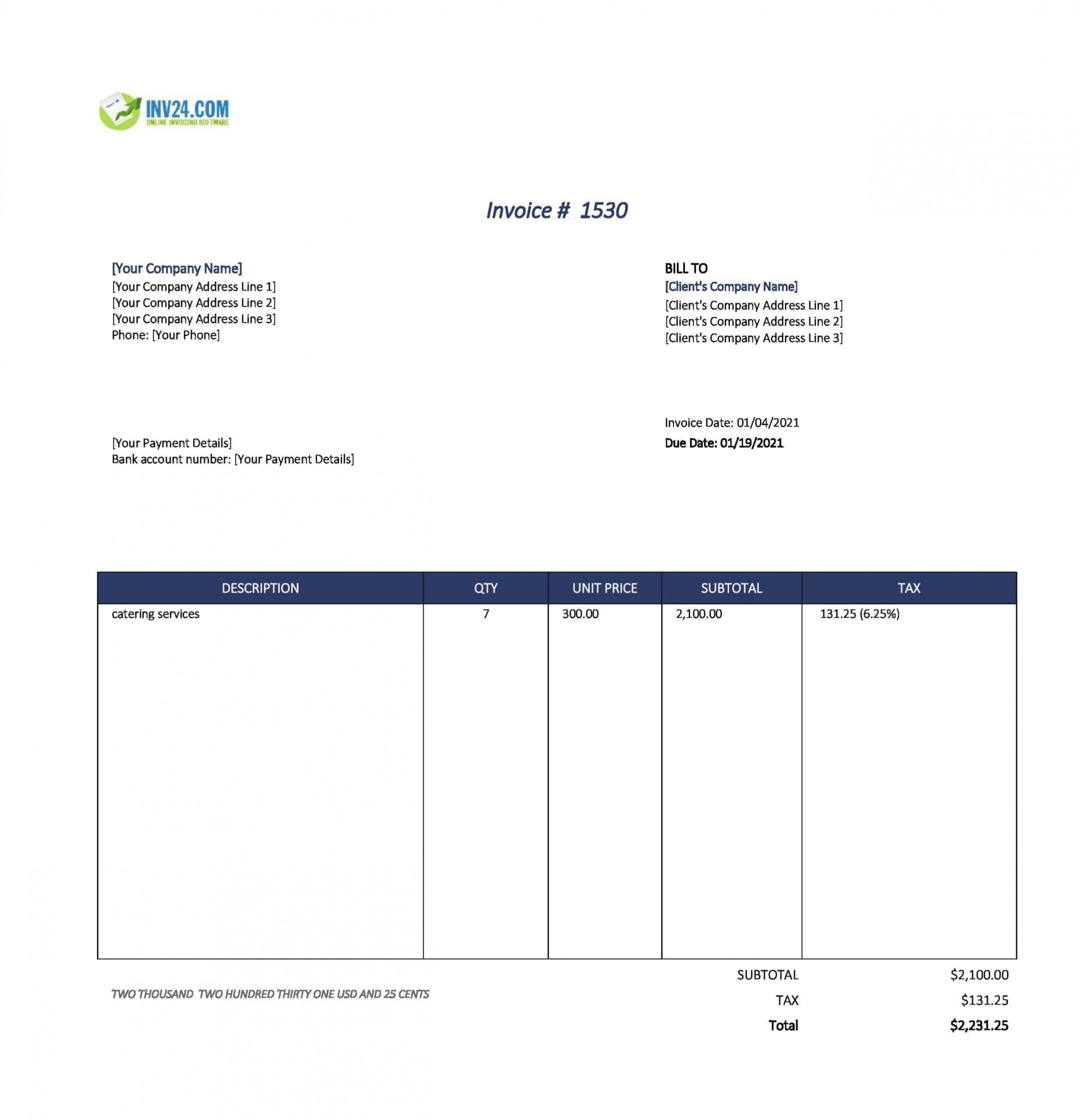 Printable Catering Service Invoice Template PPT